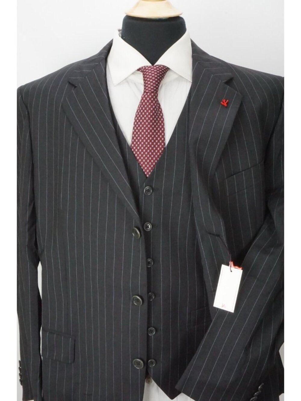 Isaia Napoli Gray Pinstriped Wool 3 Pc Suit Jacket Pants Vest 44 US BRAND NEW